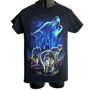 Howling Wolf Northern Lights T Shirt S Black Graphic Crewneck Short Sleeves